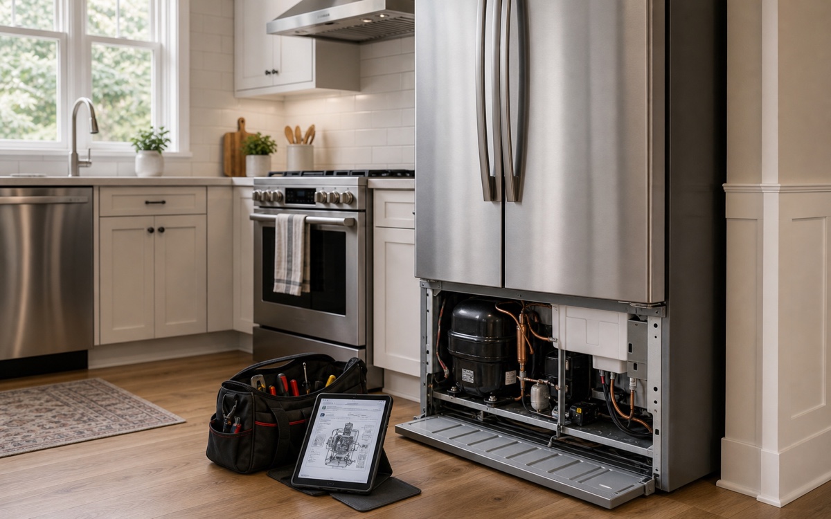 Residential kitchen appliance opened for a repair inspection.