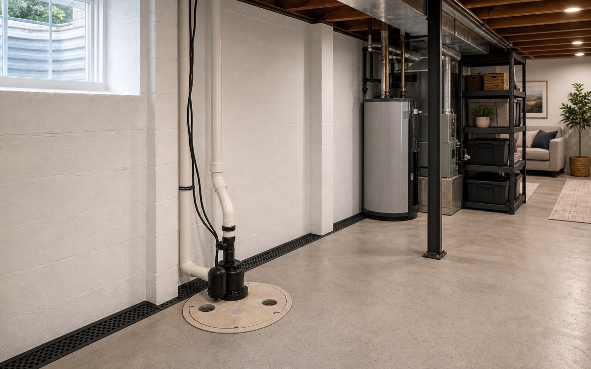 Clean basement waterproofing system with sump equipment and finished walls.
