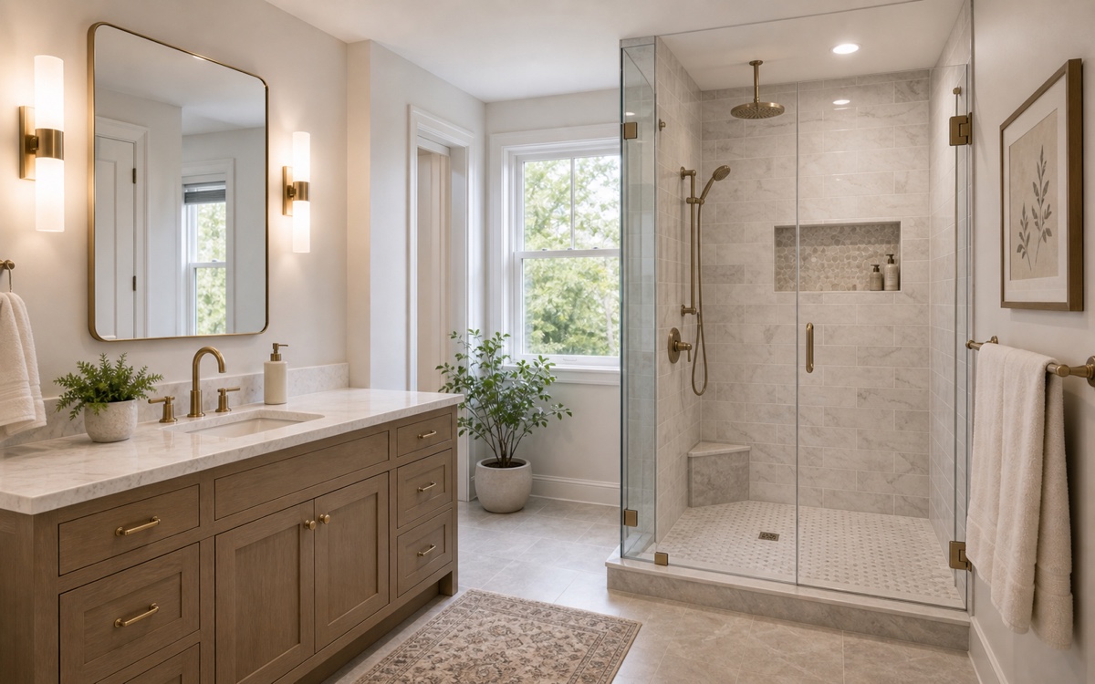 Bright remodeled bathroom with glass shower and vanity.