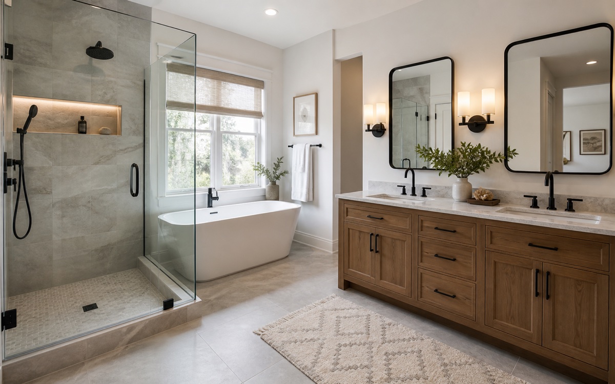 Bright remodeled bathroom with glass shower and vanity.
