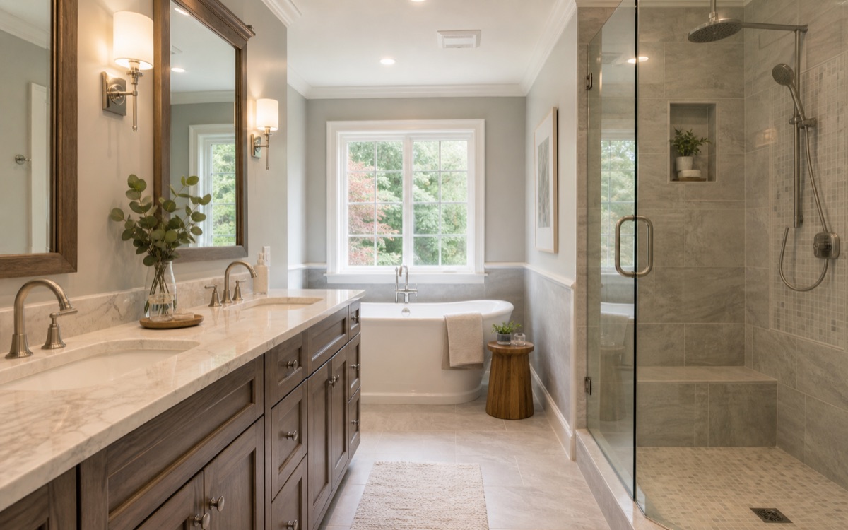 Bright remodeled bathroom with glass shower and vanity.