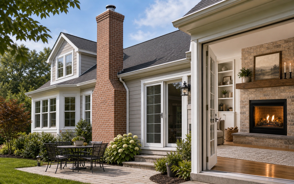 Brick chimney and indoor fireplace on a well-kept suburban home.