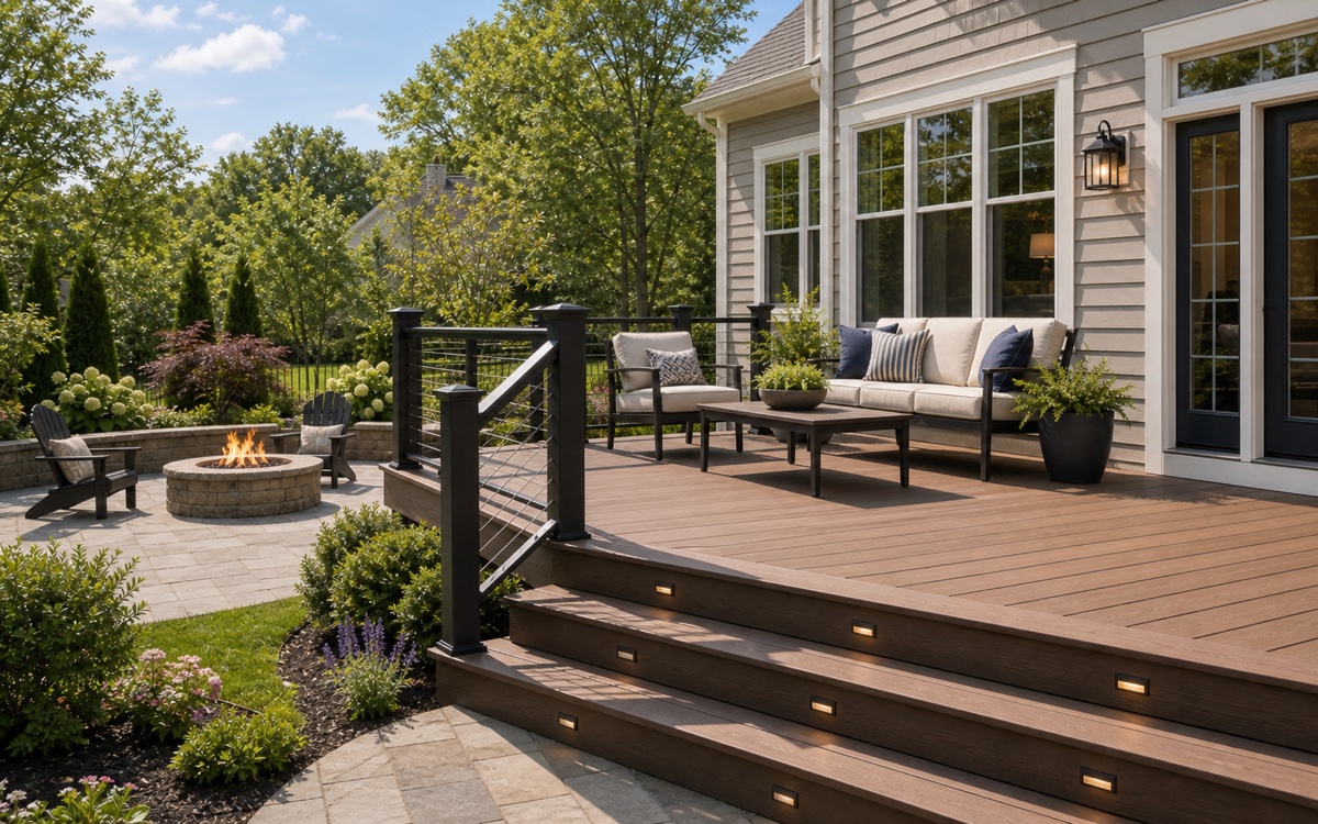 Backyard deck and patio outdoor living area with seating and landscaping.