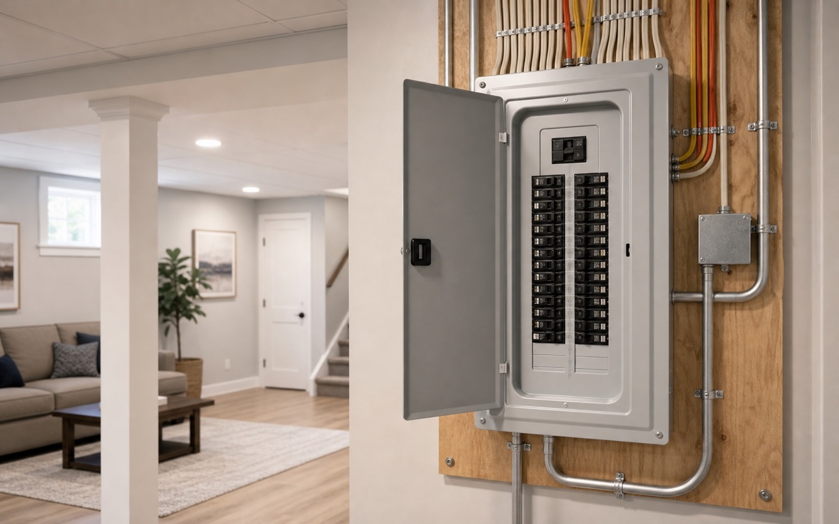 Clean residential electrical panel upgrade in a finished home.