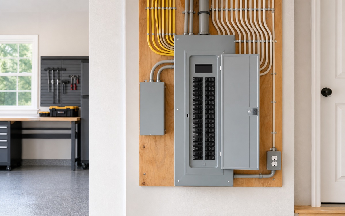 Clean residential electrical panel upgrade in a finished home.