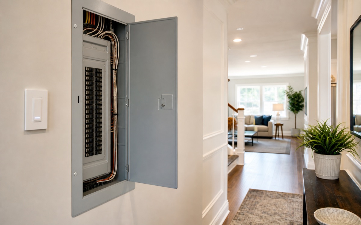 Clean residential electrical panel upgrade in a finished home.