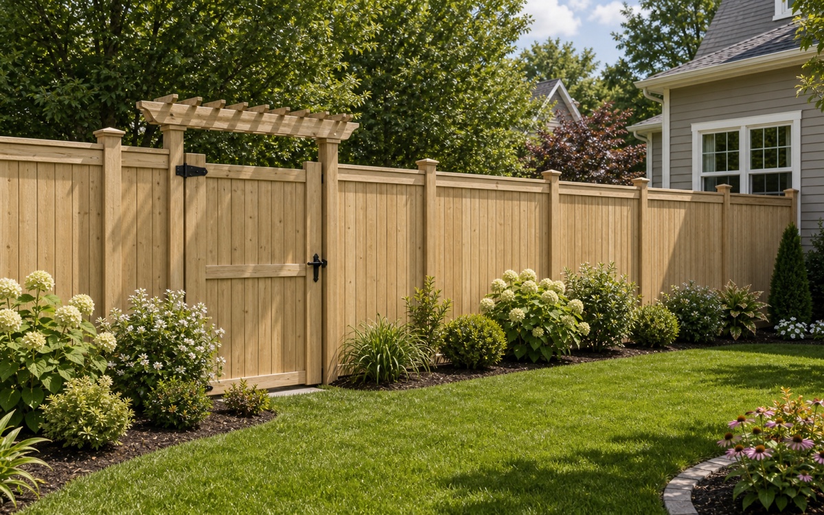 Wood privacy fence and gate bordering a landscaped residential yard.