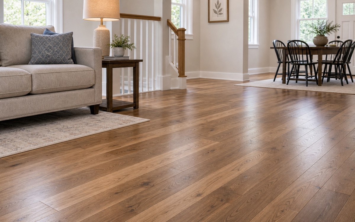 Freshly installed hardwood flooring in a bright residential room.