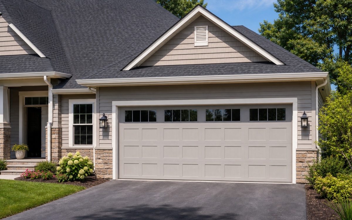 Modern residential garage door on a well-kept suburban home.