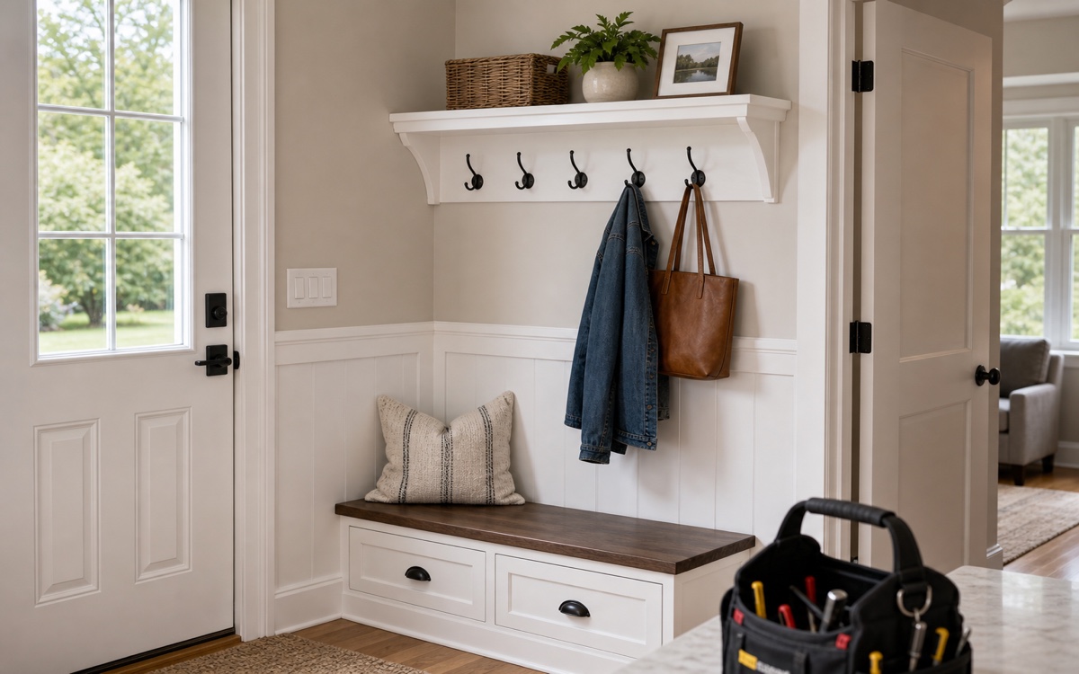 Entryway home repair setup with a tool bag and tidy finished carpentry.