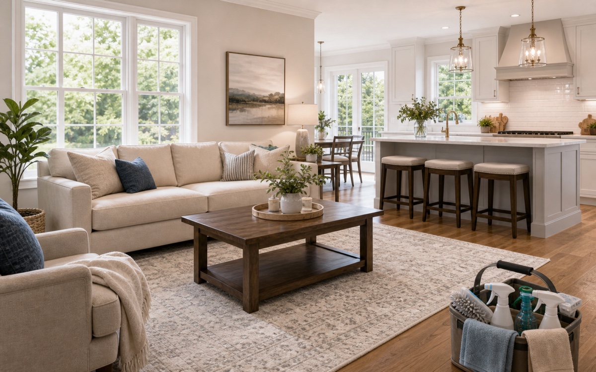 Bright clean living room and kitchen with a home cleaning caddy.
