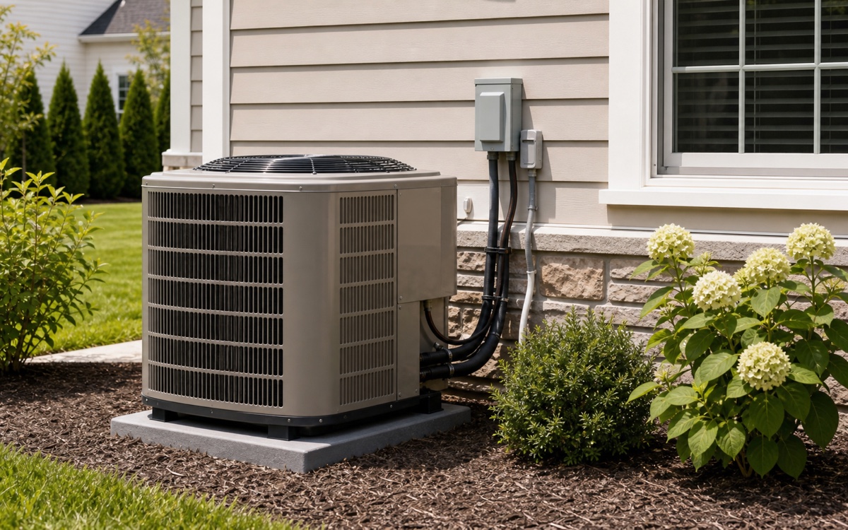 Modern home HVAC equipment installed in a tidy residential utility area.