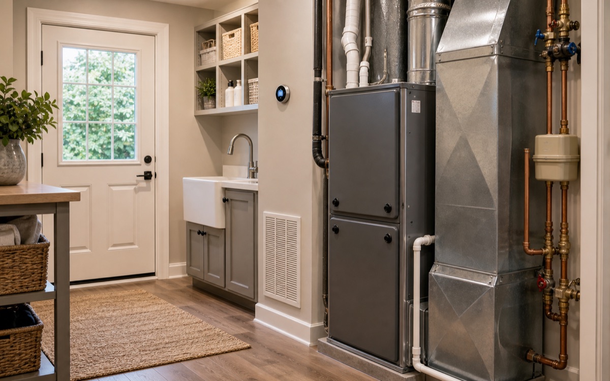 Modern home HVAC equipment installed in a tidy residential utility area.