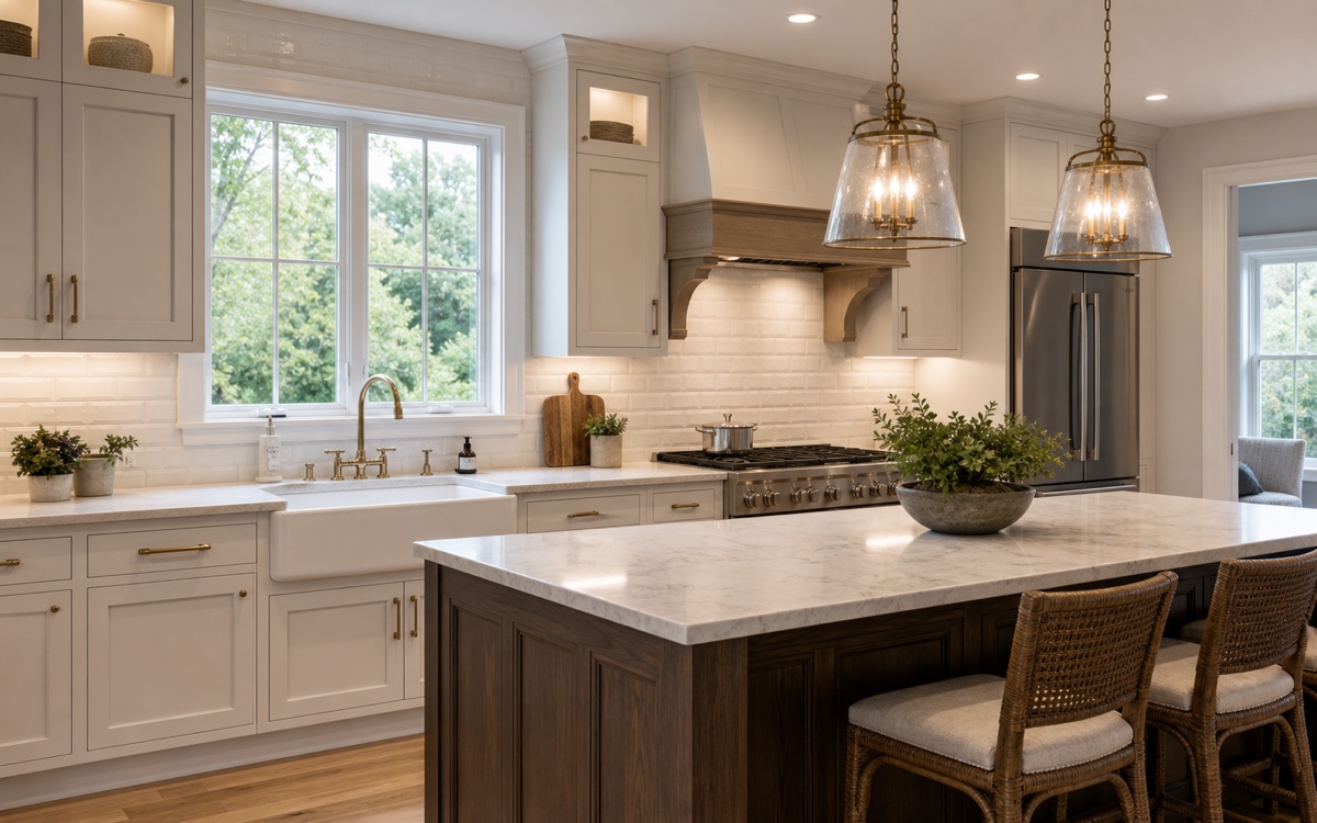 Warm remodeled kitchen with wood cabinetry and stone countertops.