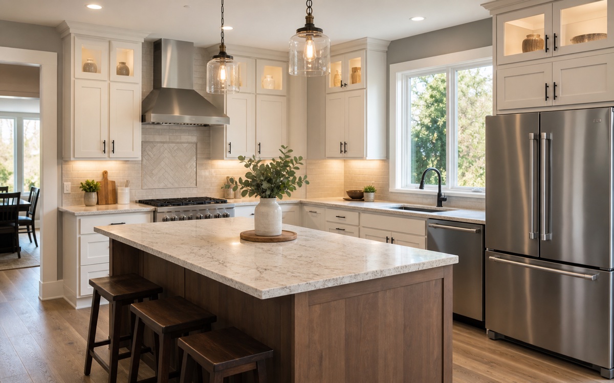 Warm remodeled kitchen with wood cabinetry and stone countertops.