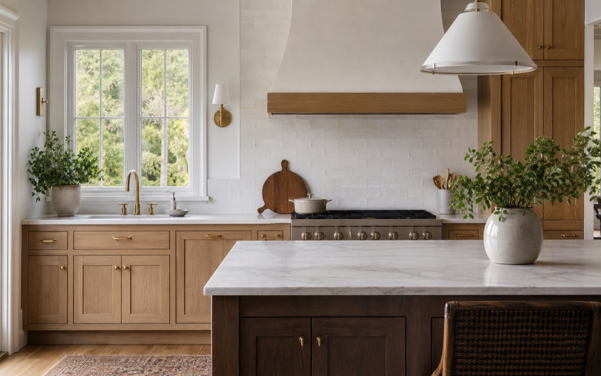 Warm remodeled kitchen with wood cabinetry and stone countertops.