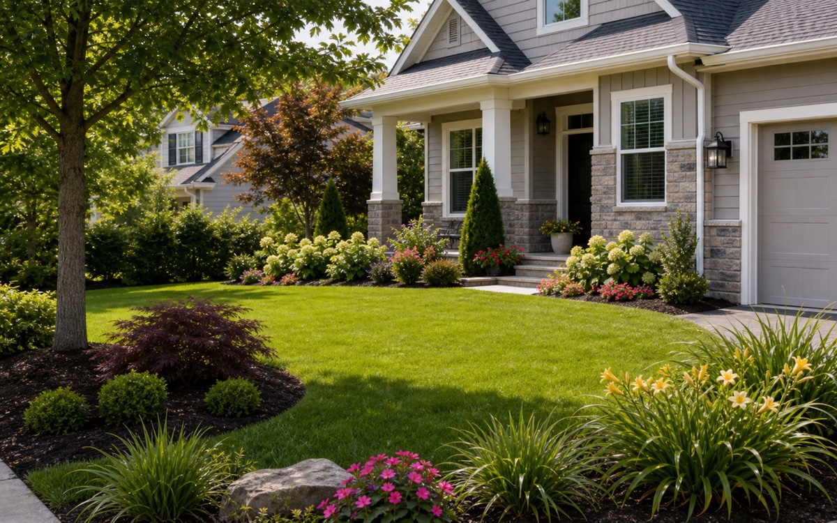 Manicured residential lawn with fresh landscaping and garden beds.