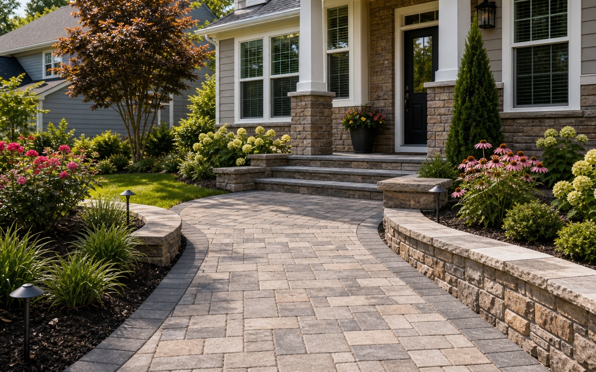 Residential paver walkway and masonry border in a landscaped yard.
