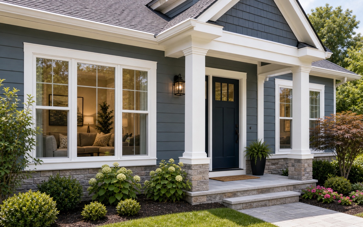 Freshly painted residential home exterior with clean siding and trim.