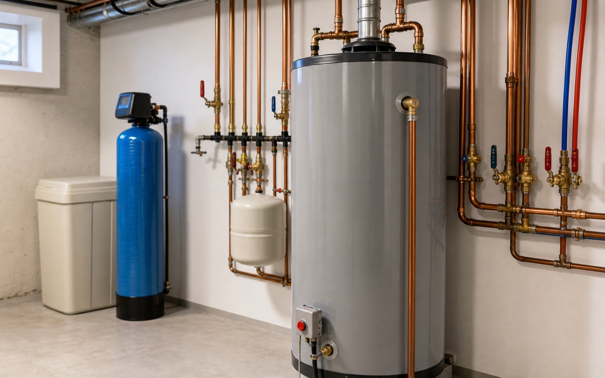 Organized residential plumbing and water heater installation in a clean utility room.