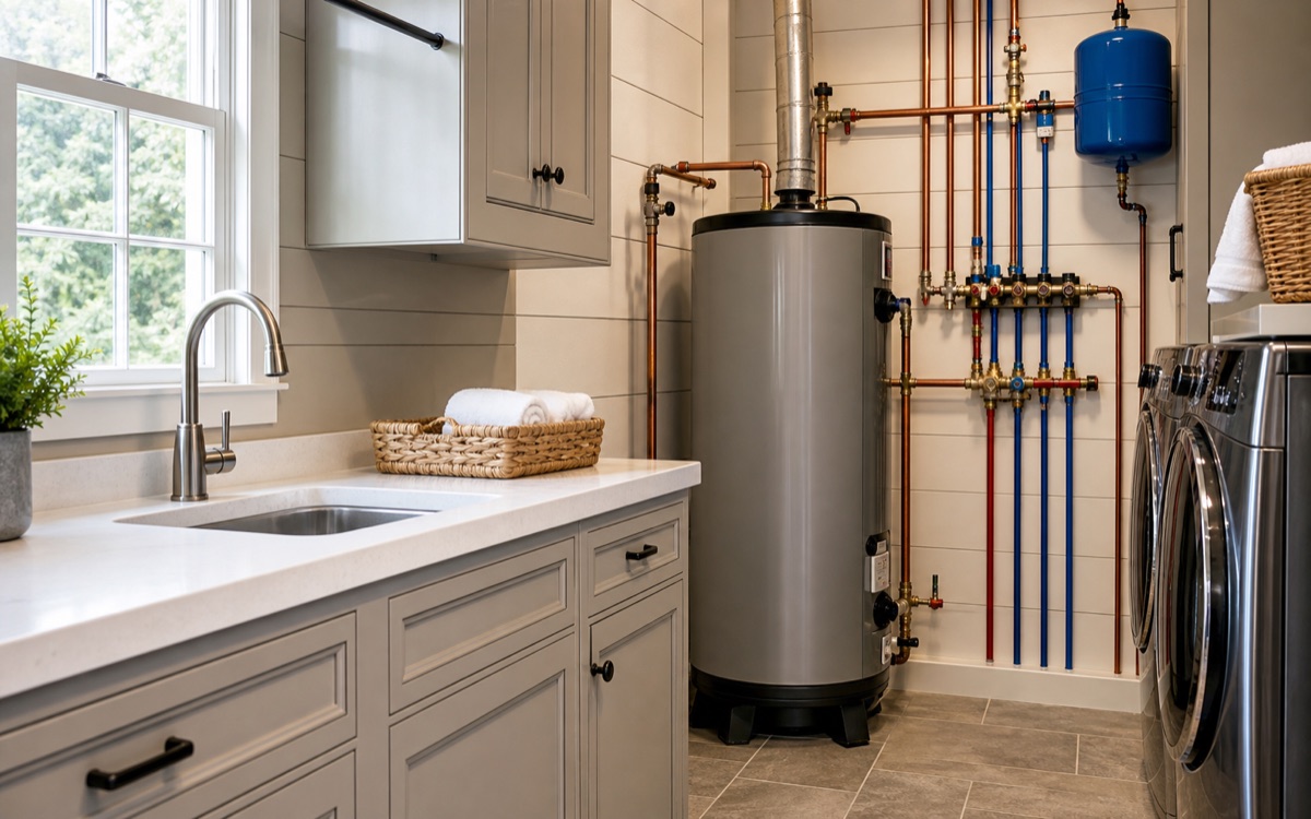 Organized residential plumbing and water heater installation in a clean utility room.