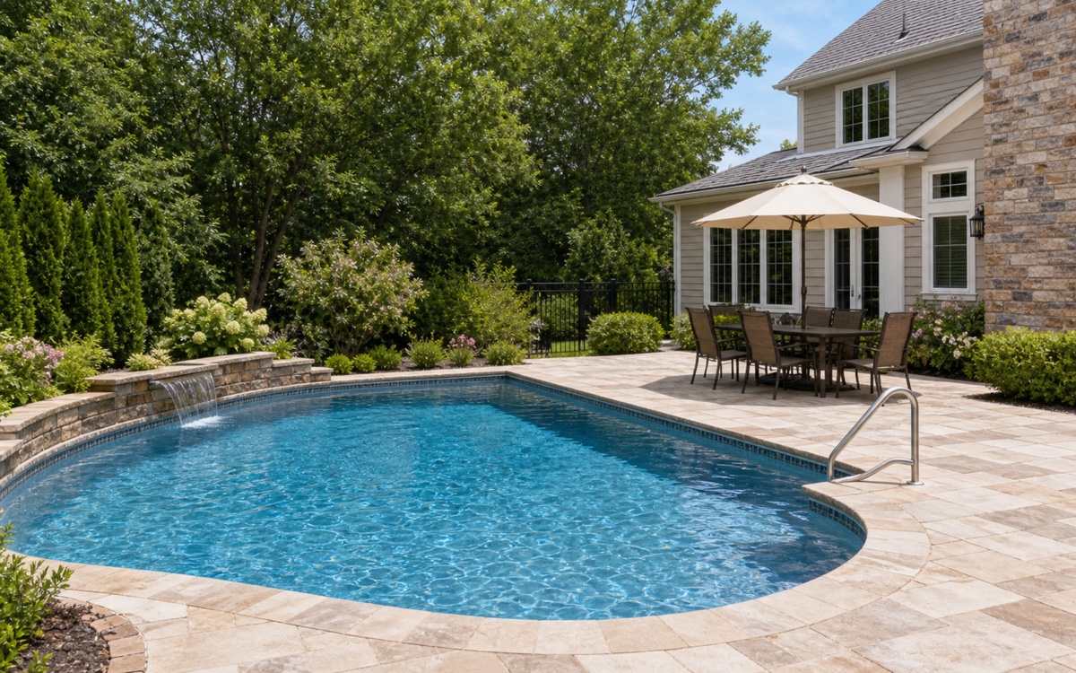 Clean residential in-ground pool with landscaped stone patio.