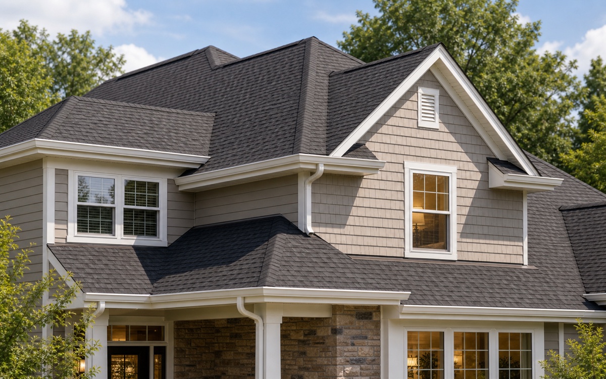 Residential roofline with architectural shingles and copper gutters.