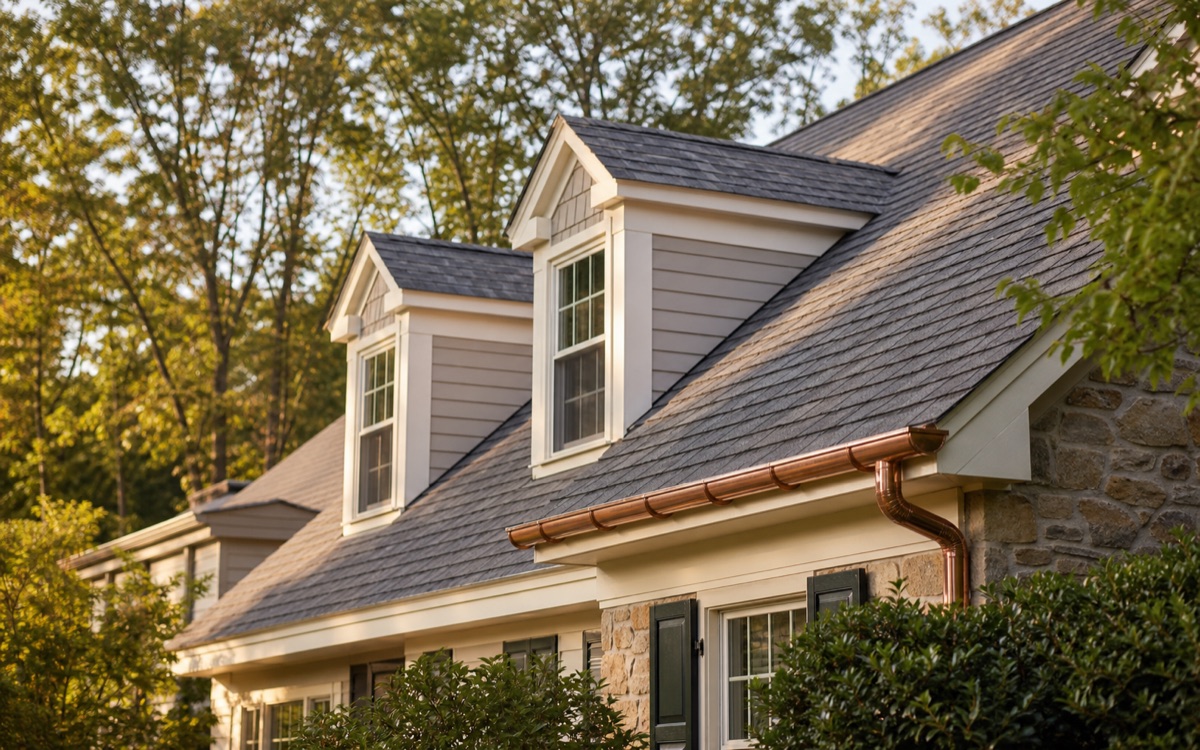 Residential roofline with architectural shingles and copper gutters.