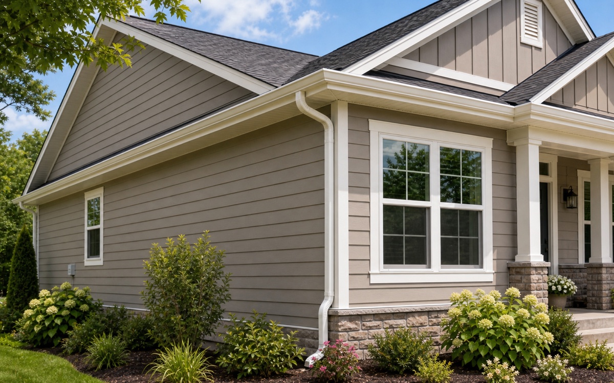 Clean residential siding and gutter installation on a suburban home.