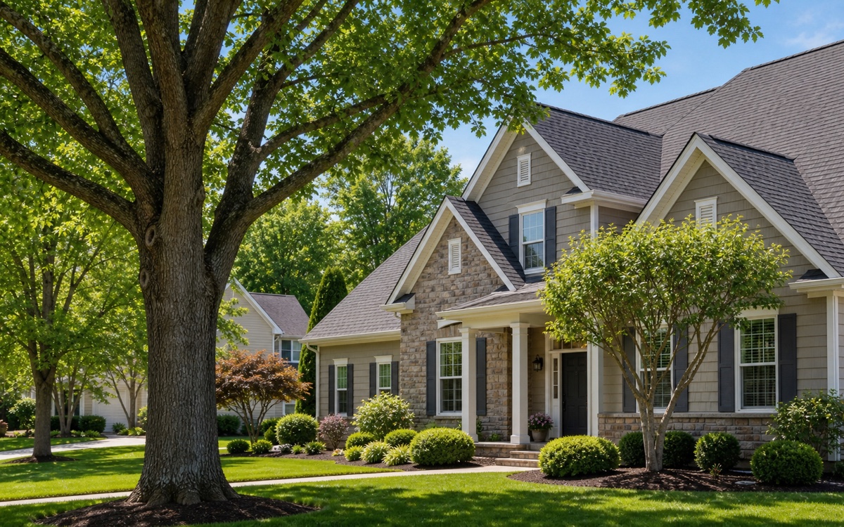 Mature residential shade tree beside a well-kept suburban home.