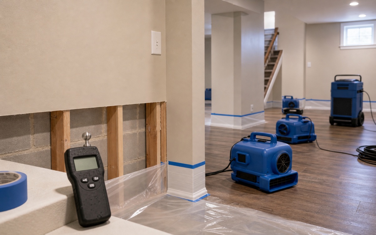 Home restoration drying equipment set up after interior water damage.