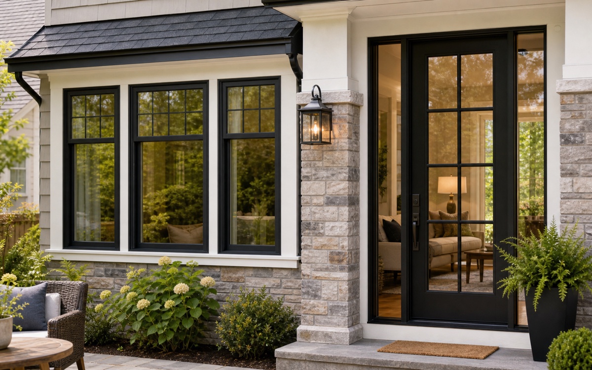 Energy-efficient black-framed windows and glass entry door on a refined home exterior.