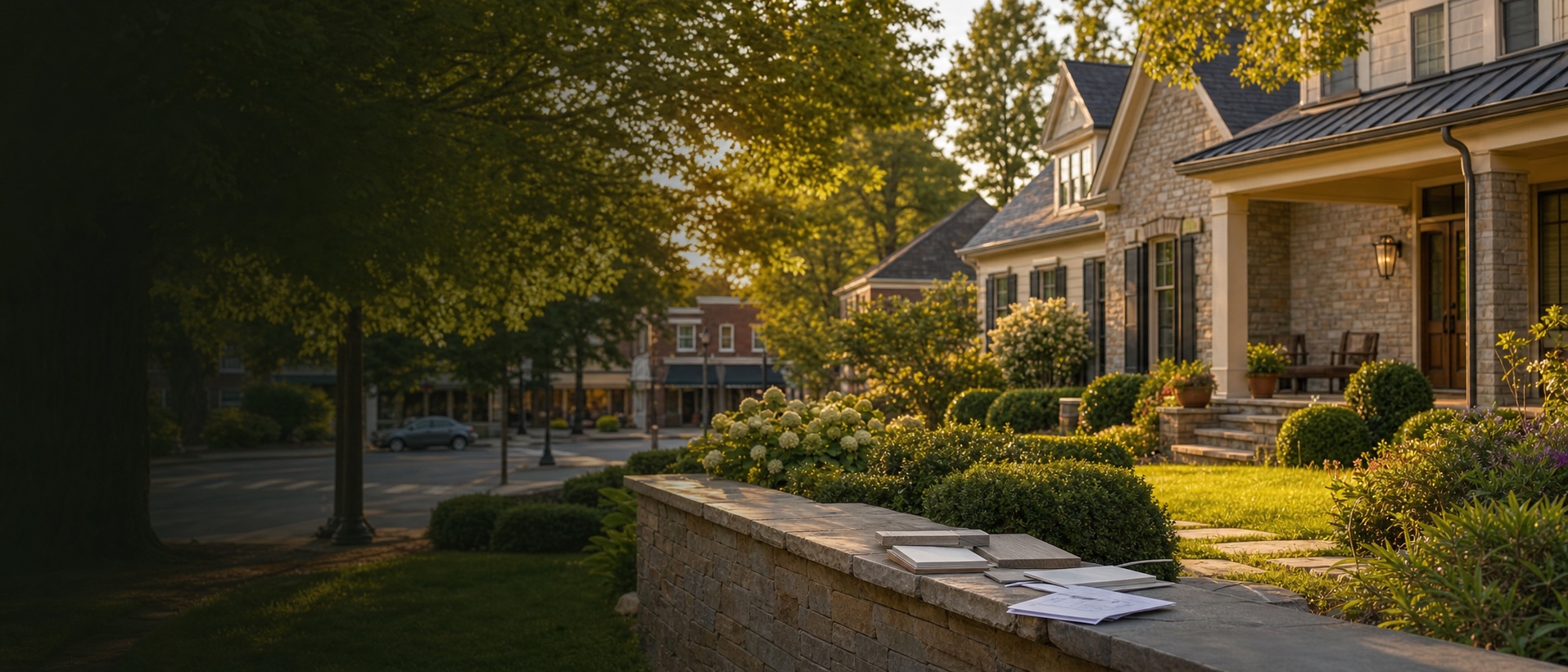 Tree-lined Potomac neighborhood with a warm home exterior and local village feel.